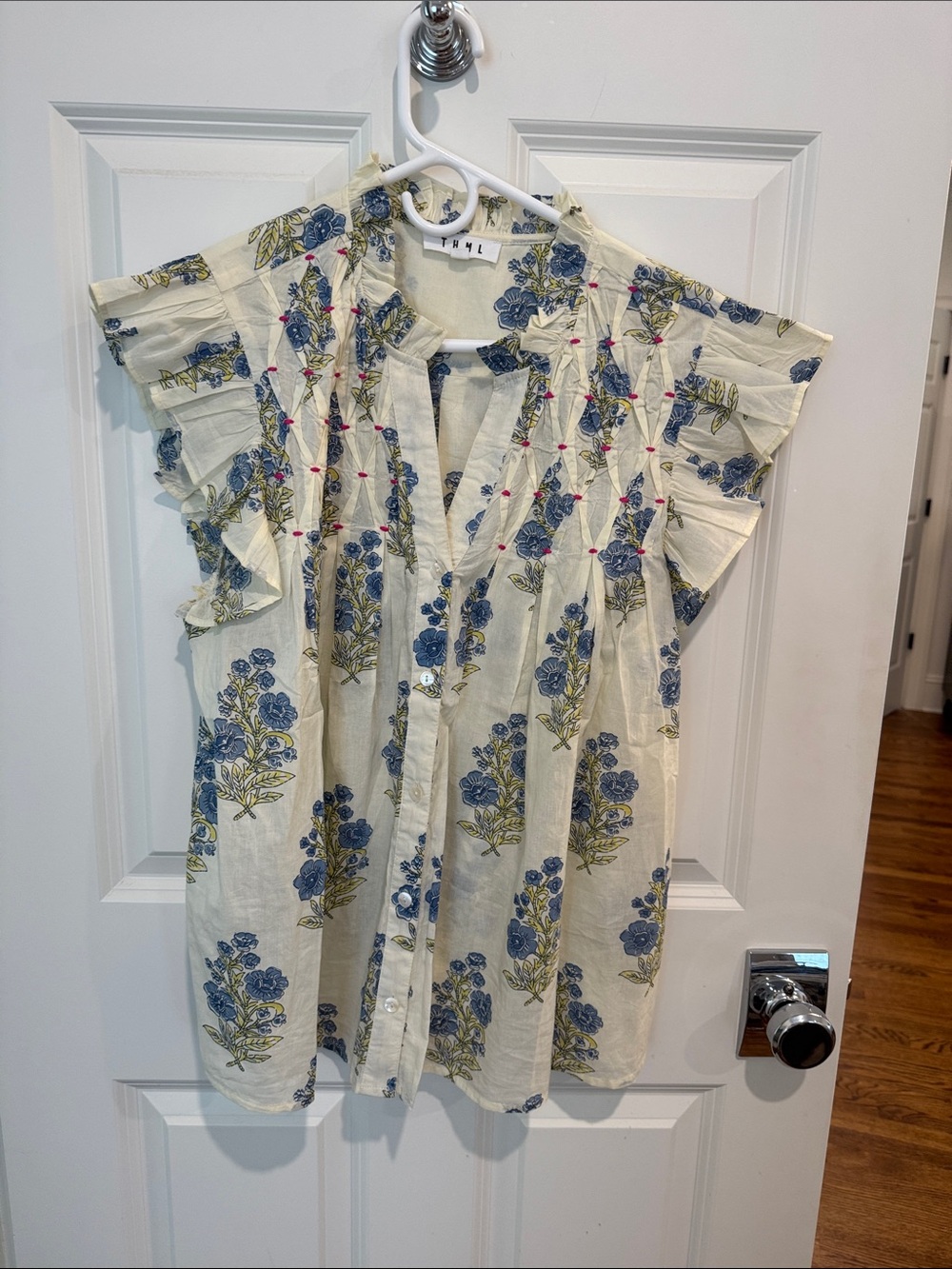 THML Light Yellow Floral Ruffle Sleeve Women's Top